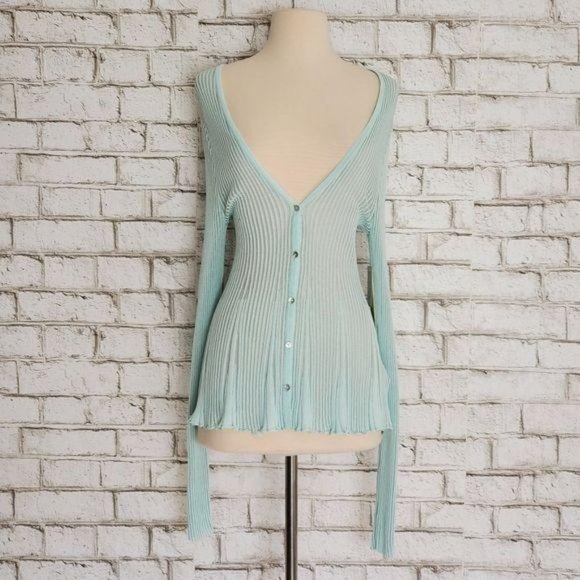Sigrid Olsen Teal Button Down Sweater Long Sleeve Sheer Ribbed Cardigan Small - Picture 5 of 7